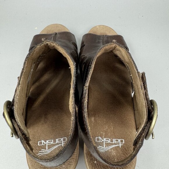 Dansko Sandals Womens 38 7.5-8 Brown Demetra Peep Toe Platform Heels Leather - Picture 7 of 9